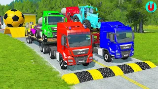 Double Flatbed Trailer Truck vs Speedbumps Train vs Cars | Tractor vs Train Beamng.Drive 071