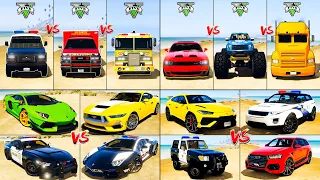 Fire Truck vs Lamborghini Aventador vs Monster Truck vs Police Toyota - GTA 5 Best Car Mods