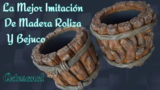 HERMOSA MACETA IMITACIÓN DE MADERA ROLIZA AMARRADA CON BEJUCO.👍