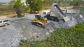 Best Action!! New Project Land Filling up with Operator Bulldozer Push Stone & Truck Transport Stone