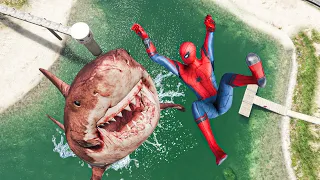 GTA 5 Water Ragdolls Spiderman vs Megalodon Ep.2 [Euphoria Physics | Flooded Los Santos]