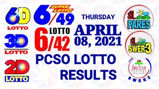 Lotto Result April 8 2021  (Thursday), 6/42, 6/49, 3D, 2D | PCSO lottery