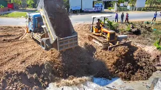 Mighty Bulldozer Mini The Powerful is Working Push Soil Clear Drainage with 5Ton Truck UnloadingSoil