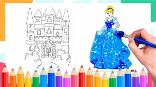 How to draw Cinderella princess } Drawing and coloring cinderella and the palace