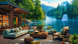 Cozy Spring Porch in Forest Ambience with Smooth Jazz Piano Music & Fireplace Sounds for Relaxation