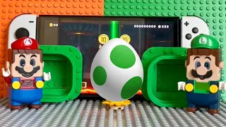 Lego Luigi and Mario enter Nintendo Switch game to save Yoshi's egg. Both have only three lives each