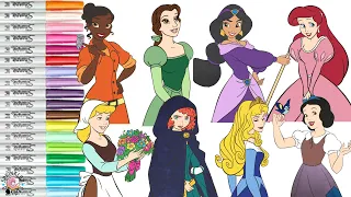 Disney Princess Coloring Book Compilation Jasmine Merida Cinderella Snow White Tiana Aurora Ariel