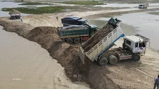 Wonderful Dump Truck Operator Skills Unloading Dirt to Water with Mighty Bulldozer Moving Dirt