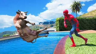 GTA 5 Water Ragdolls RED SPIDERMAN VS COW (Euphoria Physics Funny Moments)
