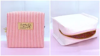 ボックスポーチ作り方  25cmファスナー使用　How to sew a zipper box pouch 裏地付き ぬい代を包む必要なし　小さなスクエアポーチ作り方