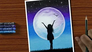 oil pastel drawing alone girl in violet moon night | oil pastels drawing for beginners step by step