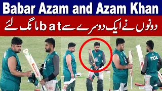 Babar Azam and Azam Khan checking each other's bats