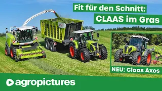 Neue Claas Traktoren im Einsatz bei der Futterernte mit Mähwerk, Zetter, Schwader und Fliegl Cargos