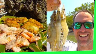 Prawns 🍤 Oysters & Salmon Catch n Cook 🔥 on the fire Shrimp cooking EP.374