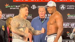 ANDY RUIZ PLAYFULLY SWINGS AT LUIS ORTIZ DURING WEIGH INS & FACE OFF - BOTH SHOW RESPECT
