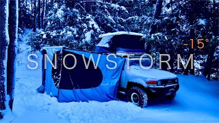 ASMR Camping in a SNOW STORM with my FJ Cruiser + Blue Flame Campfire in 4K