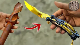 Rusted Drill Bit Forged into a 24K GOLD Plated BUTTERFLY KNIFE