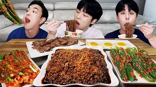 MUKBANG ASMR | KOREAN KIMCHI RECIPE ! BLACK BEAN NOODLES & FRIED EGG & STEAK! KOREAN FOODS