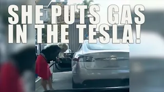 Blonde Lady Puts Gas in Tesla Electric Vehicle