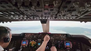 Cockpit view.  BOEING 747  TAKEOFF FROM HONG KONG AIRPORT 🇭🇰.  Relaxing and calm pilots teamwork