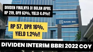Dividen Interim BBRI 2022 Cuy!! - Rp 57, DPR 16%, Yield 1.2%!! -Finalnya Rp 219, DPR 63%, Yield 4.4%