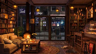 Empty Night Street at Cozy Coffee Shop Bookstore - Smooth Jazz Music Instrumental For Relax, Work