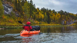 Rafting on the Serga river. Golden autumn in the taiga wilds