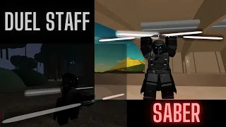 DUEL STAFF SABER!! (Finally reviewing DUEL STAFF) ROBLOX saber showdown