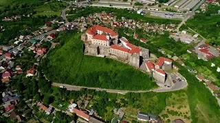 Beautiful Panoramic Aerial View To Palanok Castle in the City of Mukachevo | Stock Footage -