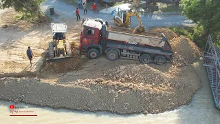 Incredible Big Dumper Truck Soils Fails Unloading Helping Recovery By Mini Excavator Bulldozer