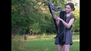 Harp session attracts the local deer. deer listens to harp. woman playing harp attracts deer.#shorts