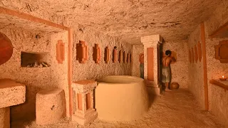 2 Men Dig Building Underground Shelter House, Bamboo Bed Bath Pools Fireplace Living 56Day