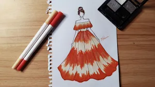 Orange Off-Shoulder Dress Fashion Illustration Art 🧡