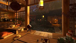 Rainy Night in Japanese Tea House | Rain Sounds on Courtyard