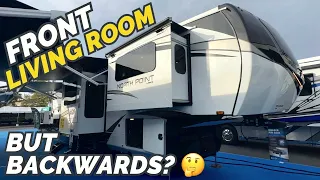 A front living room fifth wheel… but it’s BACKWARDS! 2024 Jayco North Point 382FLRB