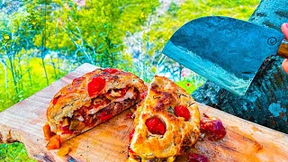 Giant Focaccia Burger Extravaganza! #outdoorcooking #campfire #campfirecooking