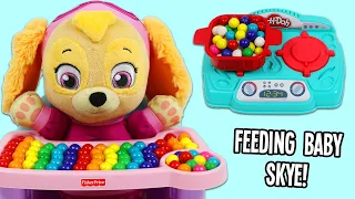 Feeding Paw Patrol Baby Skye Healthy Play Doh Dinner & Learning with Crayola Coloring Book!