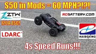 HBX 2997A - Stock Motor and LIPOs= 60 MPH on 4s! ZTW 120A ESC Makes this Truck Silly Fast! Speed Run