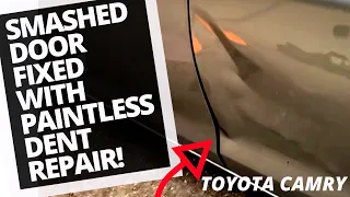 WATCH HOW WE REPAIR THIS SMASHED TOYOTA CAMRY DOOR USING ONLY THE PAINTLESS DENT REPAIR METHOD!