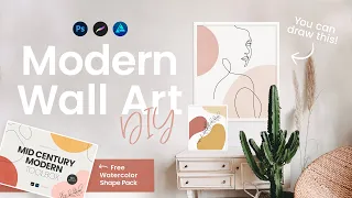 Mid Century Modern Decor DIY • Easy • Digital Line Art Tutorial + FREE Watercolor Shapes