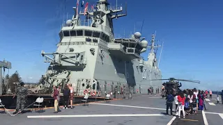 Tour of HMAS Adelaide navy war ship POV with army & navy tank and helicopter boat