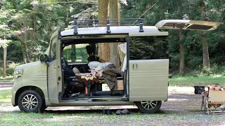 Car camping in a small car in a quiet forest
