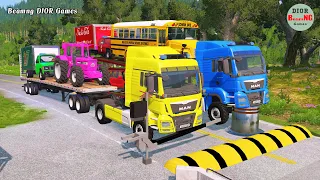 Double Flatbed Trailer Truck cars vs rails tractor vs train cars vs bollards Beamng Drive 789