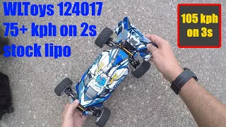 WLToys 124017. Quick speed runs on 2s and 3s part 2. Finally 75+kph on 2s lipo.