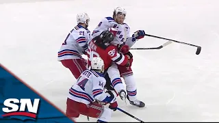 Rangers Blueliner Trouba Hammers Timo Meier As He Enters The Offensive Zone