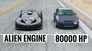 80,000HP Nissan Skyline R32 GT-R vs Bugatti Bolide 90000 HP (Alien Engine)