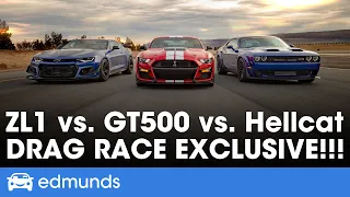 Ford Mustang Shelby GT500 vs. Dodge Challenger Hellcat Redeye vs. Chevy Camaro ZL1 1LE - Drag Race