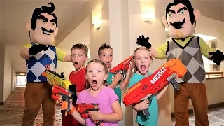 Nerf Battle:  Payback Time vs Twin Hello Neighbor Part 3 (Trinity and Beyond Saves the Day)