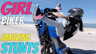 Beautiful GIRL Biker BIKE STUNTS Wheelie + Drift Harley Sportster Kawasaki Ninja STUNT RIDING Videos