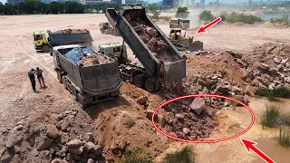 Nice Amazing Equipment Machine, Bulldozer D68P Push Stone into Water, Team Dump Truck 25T  Unloading